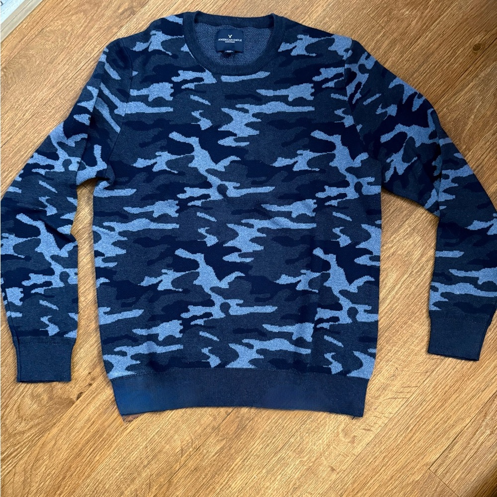 American Eagle Outfitters Blue Camouflage Crewneck Sweater